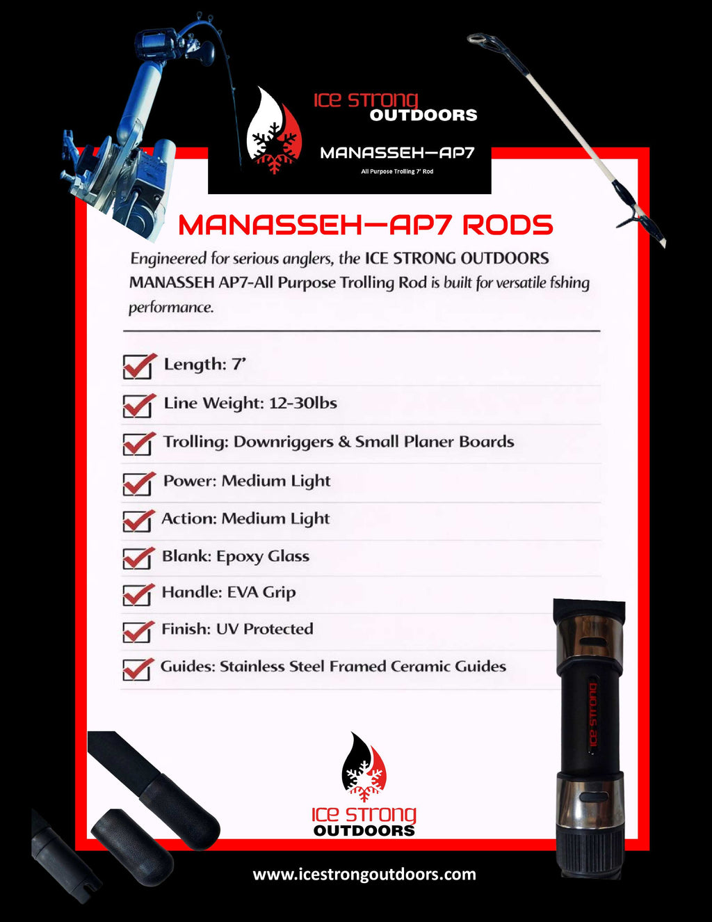 Ice Strong Outdoors - Manasseh - AP7 Trolling Rod - Downrigger/Walleye/Small Planer